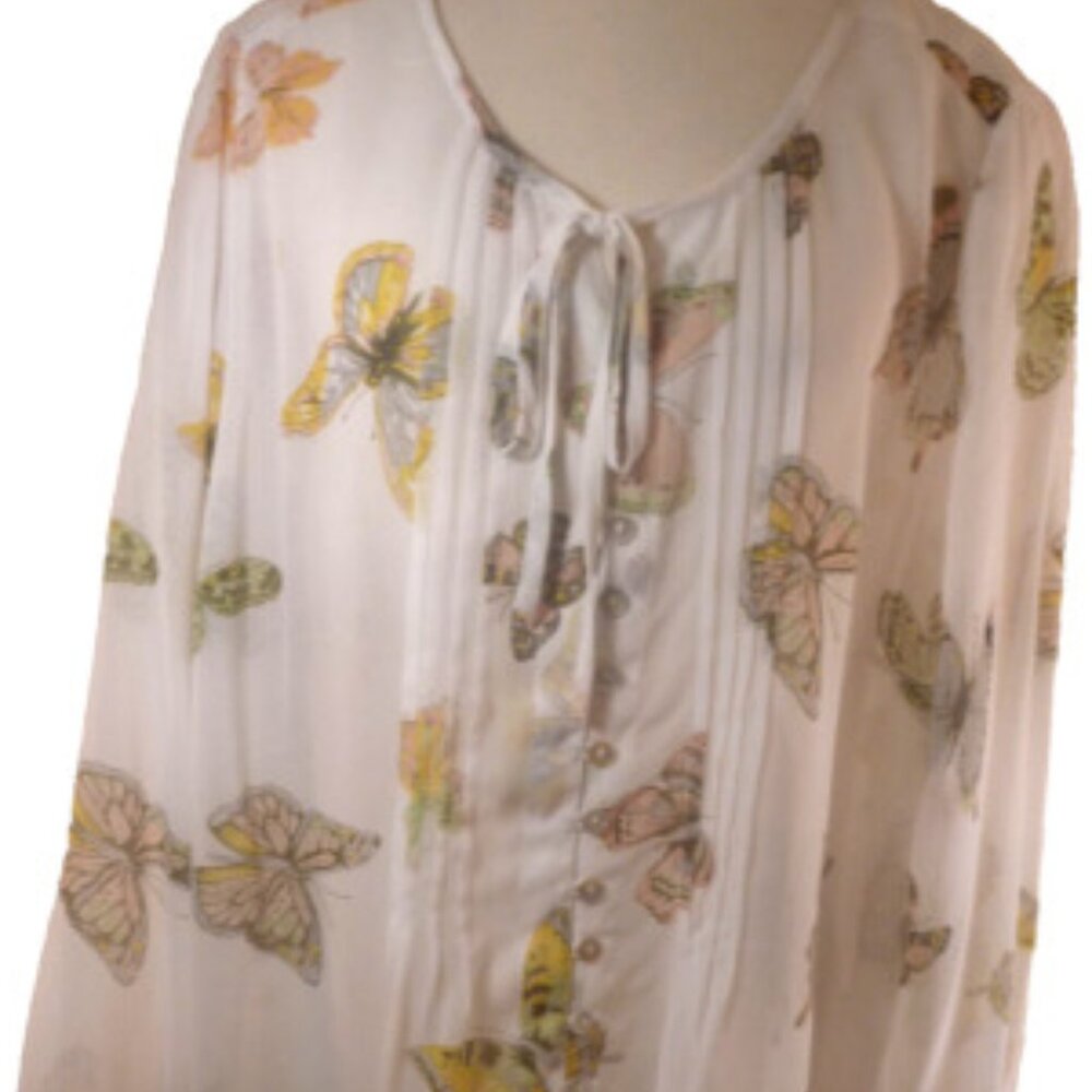 India TOGETHER 18 Plus Long White Sheer Chiffon Top Butterfly Tunic Allover Art